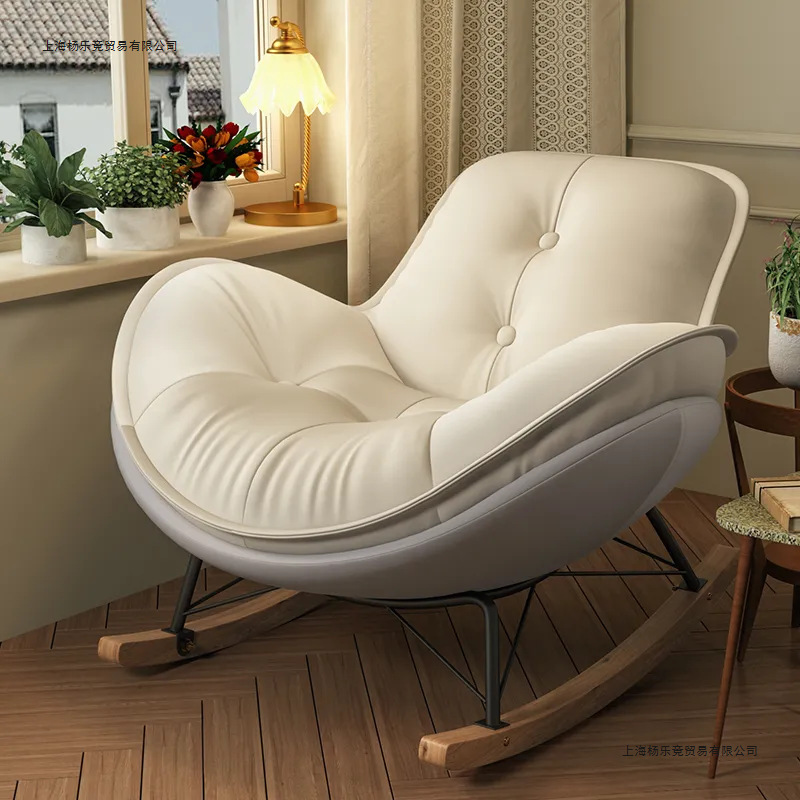 Soft-Packed Rocking Chair, Nordic Style, Reclining and Sleeping Rocking Chair, Comfortable Large Balcony Living Room Rocking Chair, Off-White and Orange Suede Style