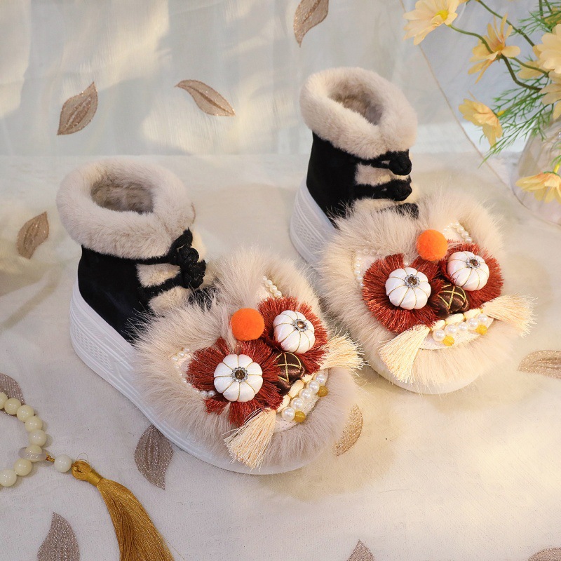 冬季新款虎头女靴子国风手工制作布鞋厚底加绒毛口棉鞋民族风女鞋