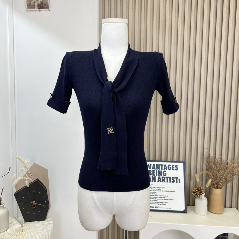 韓国ヒロインテンセルコアスパン糸リボンゴールドバックルスリムフィットセーターVネックミッドスリーブトップ女性用|undefined