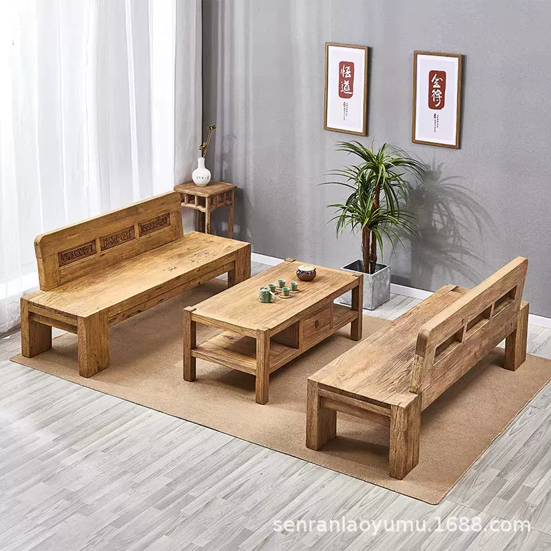 老榆木罗汉床实木沙发椅打坐禅意床榻小户型侘寂风化老门板沙发