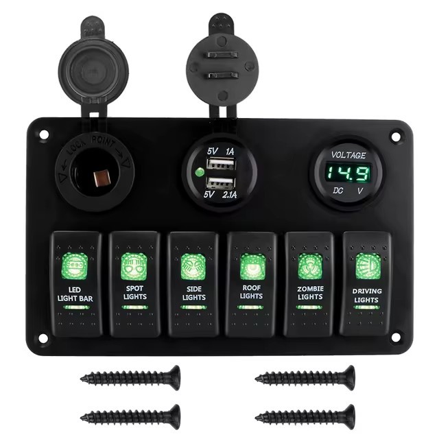 Interruptor universal transfronterizo de RV de 6 lugares, barco, automóvil yate con voltímetro de toma de carga USB dual montado en el vehículo