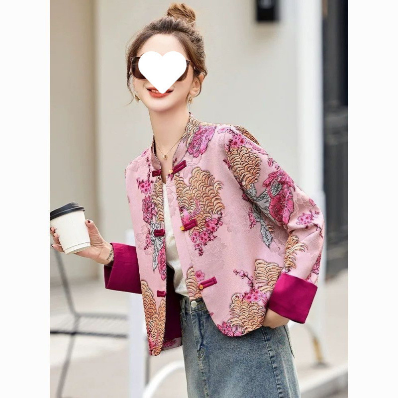 春と秋の女性のための新しい中国風のジャケット、新しいハイエンドの禅スタイルのエレガントなヘビーエンゲルス刺繍ジャカードトップ|undefined