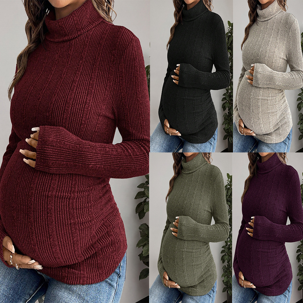 Cross-border maternity turtleneck knitted base shirt for autumn and winter, stretchy ribbed long-sleeve loose top for mid to late pregnancy