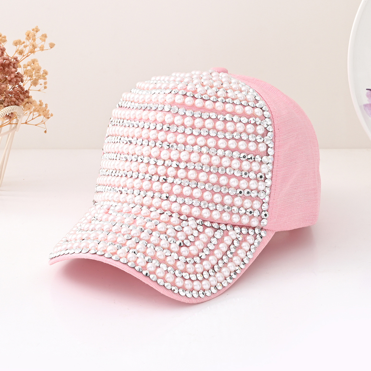 Explosiones transfronterizas de moda de género neutro para mujeres gorras de béisbol redondas de perlas incrustadas de diamante gorras de boca de pato campamento hoguera