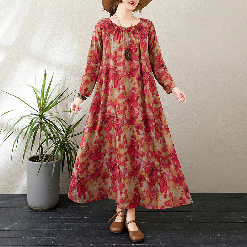 Real Shot of 2025 Early Autumn New Style Round Neck Ruched Loose Lazy Dress Minimalist Long-Sleeve Ultra-Long Dress Vacation Style Real Shot of 2025 Early Autumn New Style Round Neck Ruched Loose Lazy Dress Minimalist Long-Sleeve Ultra-Long Dress Vacation Style