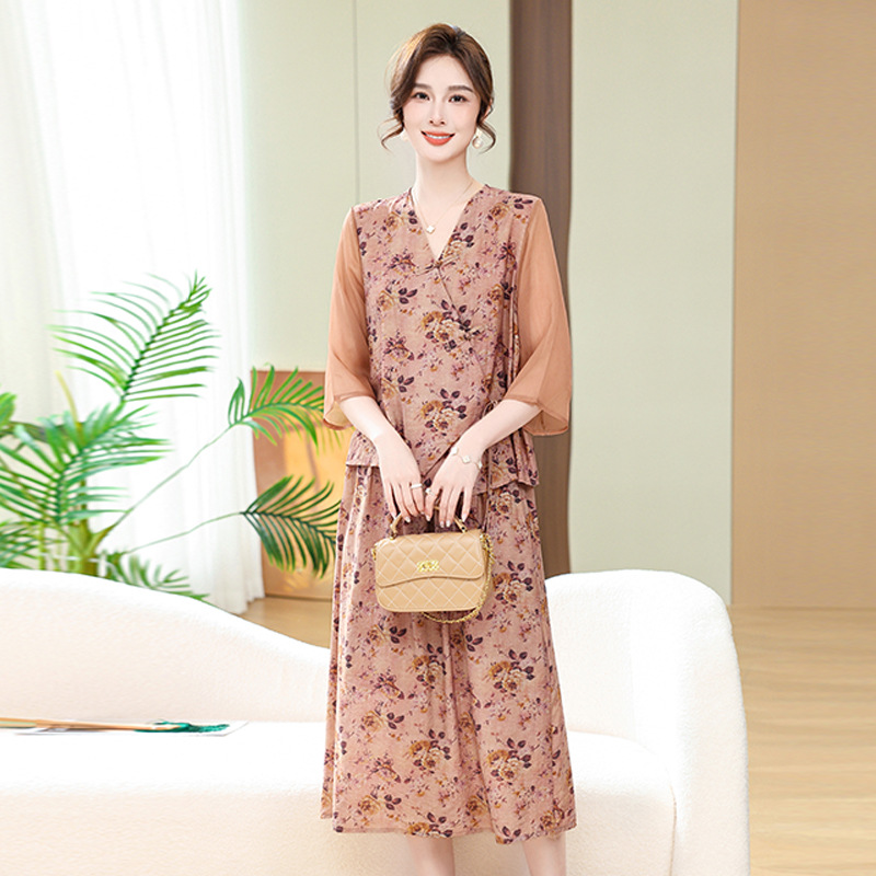 Middle-aged mother summer suit western style new plus size middle-aged and elderly summer fashion short sleeve t-shirt women's two-piece set