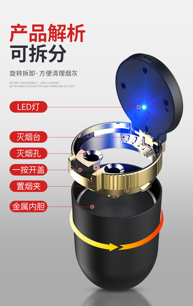 Car Ashtray Multifunctional Creative Design with Lid Led Light Portable Car Ashtray for Cross-Border Use