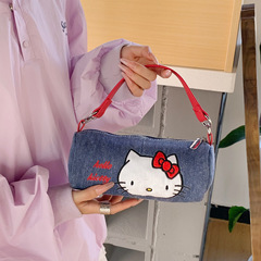 可爱新款牛仔kitty猫刺绣小拎包韩版网红新款圆筒卡通斜挎包手提