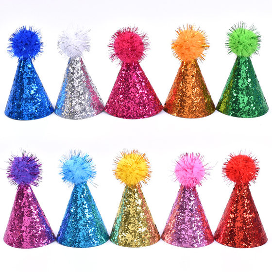 Amazon Cross-border Pet Birthday Party Hat Cat Dog Party Glitter Powder Hair Ball Decorative Birthday Hat Set