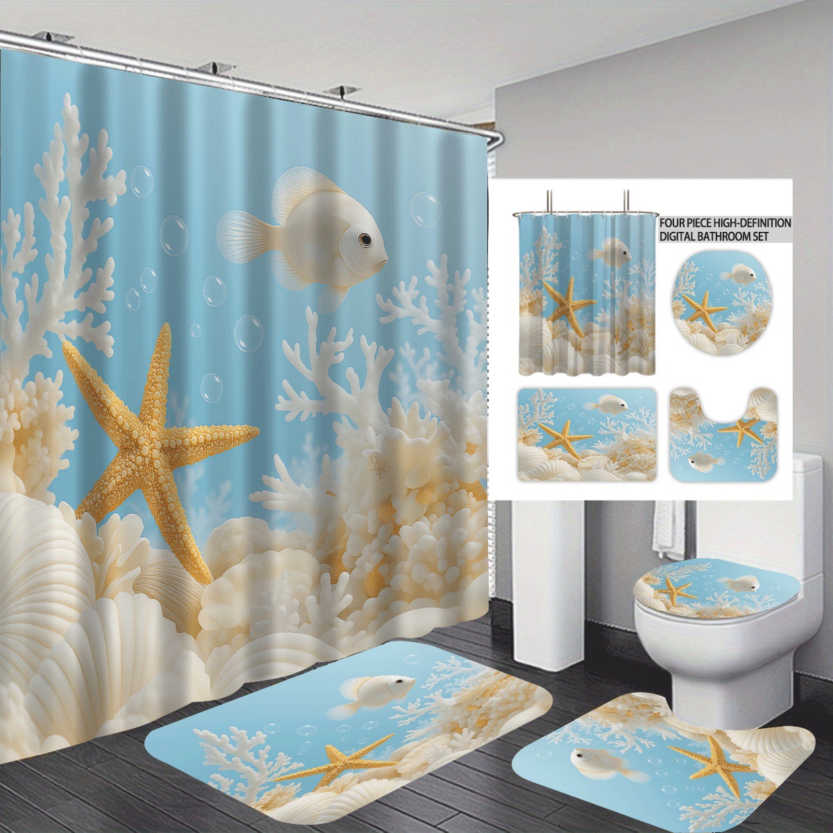Temu cortina de baño impermeable personalizada serie de elementos marinos 3D impresión poliéster cortina de baño de cuatro piezas fábrica image 11