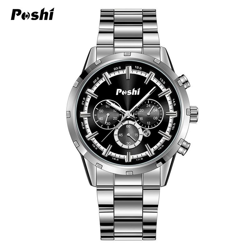 Poshi marca nuevos hombres reloj impermeable luminoso tendencia estudiante reloj de cuarzo hombres de acero refinado cinturón calendario