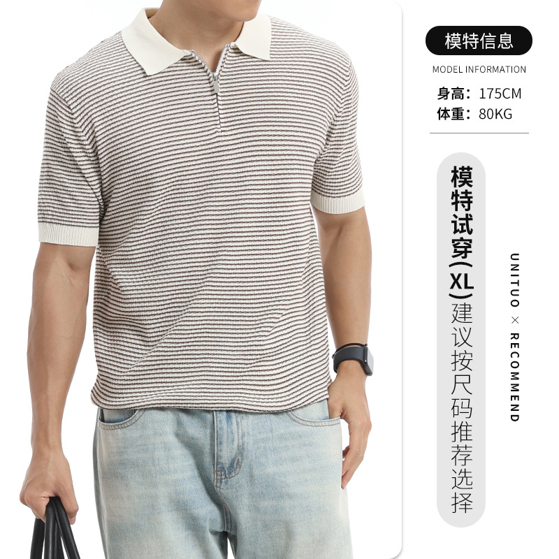 2026 hombre de verano alto sentido rayas polo de punto de manga corta hombre viejo dinero con solapa de negocios casuales chaqueta de hombre