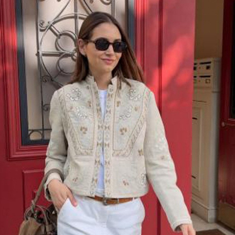 Retro estilo casual bordado impresión corto hombro pequeño abrigo de cuello vertical mujer 2026 nuevo estilo transfronterizo de Europa y América ventas calientes image 3
