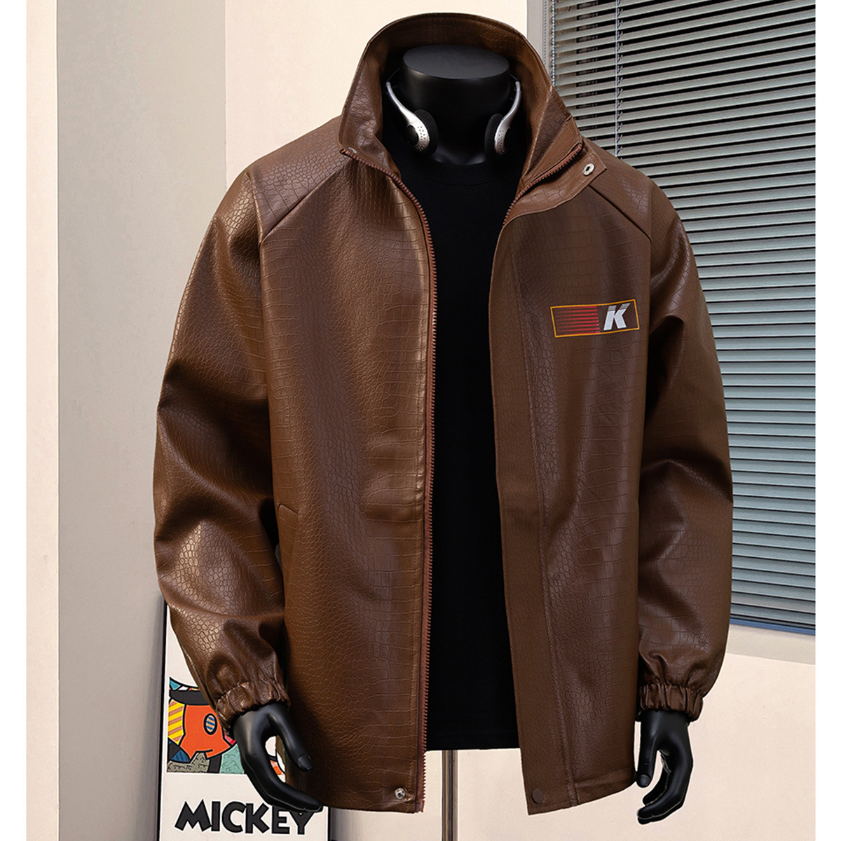 New Spring/Autumn Hong Kong Style Men's Crocodile Pattern PU Leather Jacket, Warm, Casual, Versatile, with Turn-down Collar