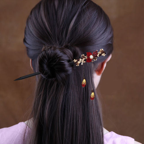 Imitation ebony hairpin with tassels, step-shaking hairpin, women's ancient style headwear, coiled hair, Hanfu accessories, antique hairpins, hair accessories