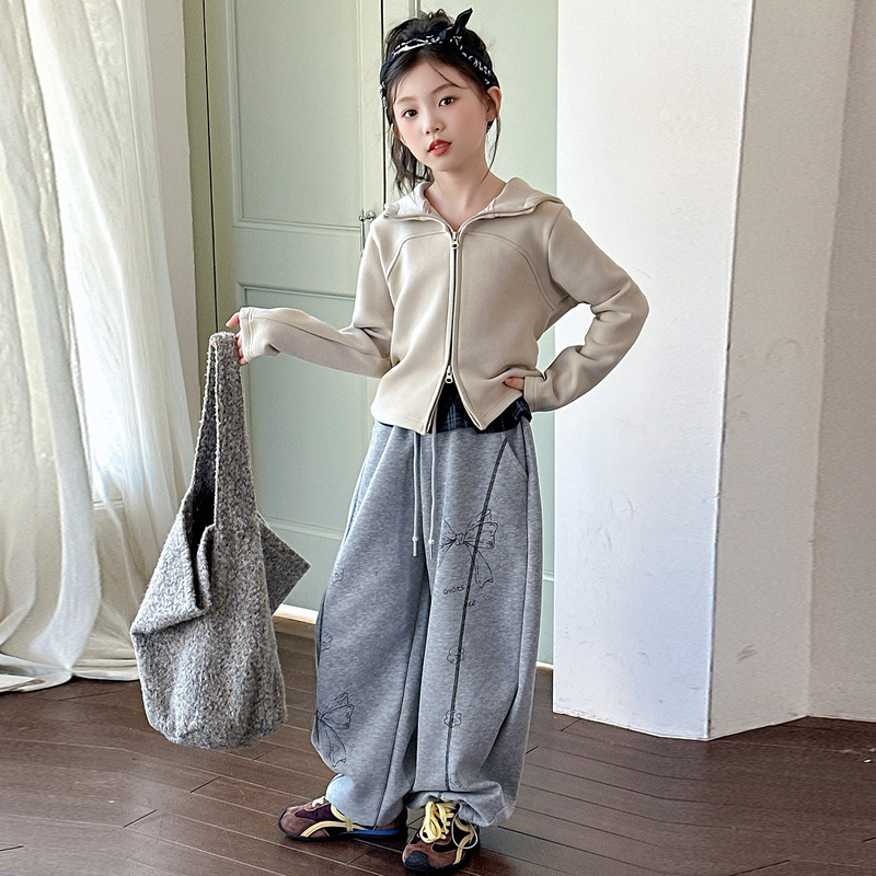 女童秋季外套套装2025新款女大童双面德绒连帽上衣儿童卫裤两件套|undefined