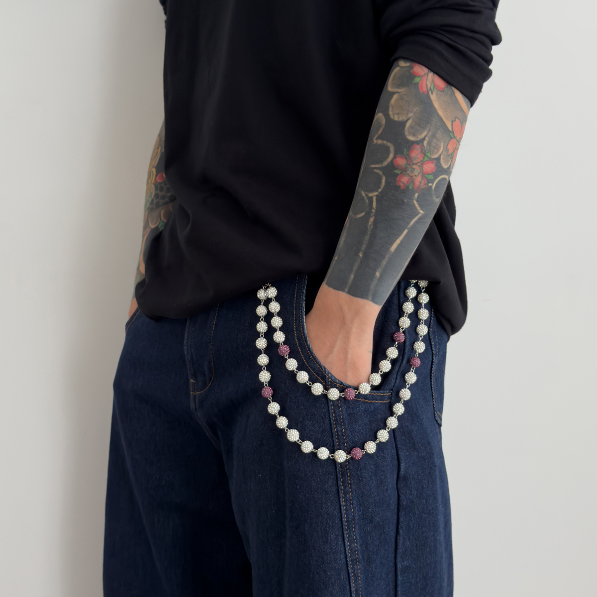 Men's Patchwork Chain Belt With Colorful Rhinestone Pendants_voghion.com