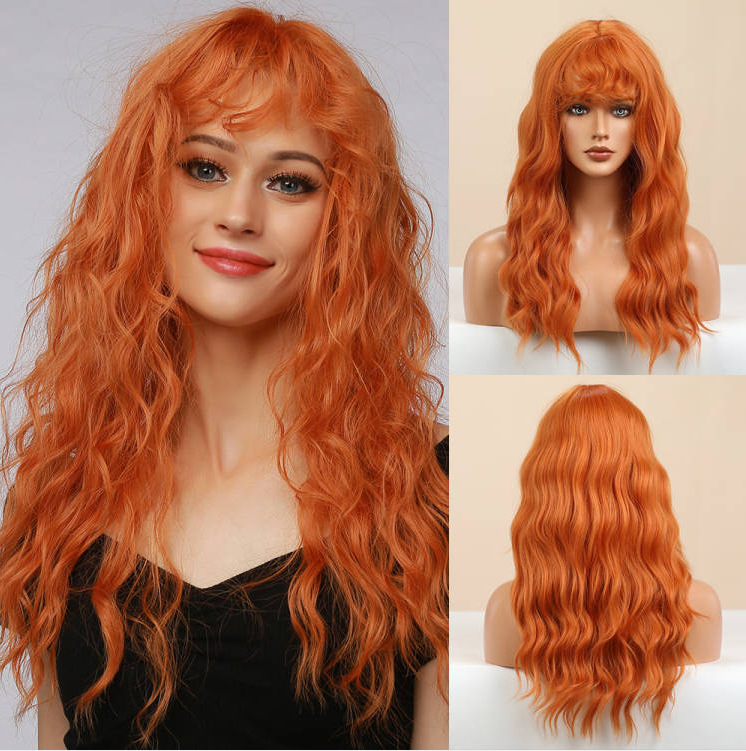 Peluca de Halloween naranja con rizos pequeños y flequillo, cabello largo y rizado, peluca hecha a máquina, peluca naranja de Navidad