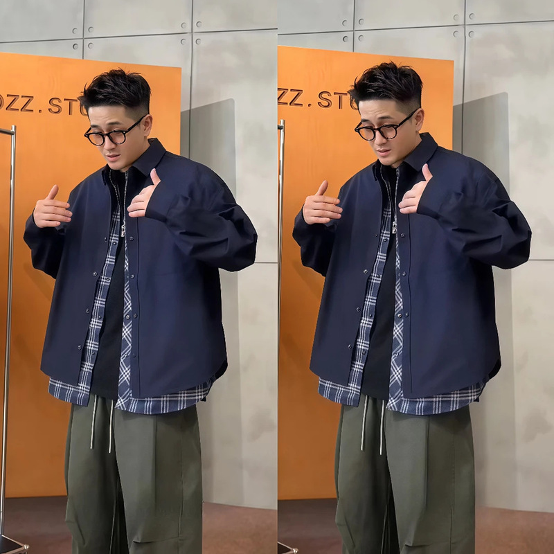 【假两件结构设计格子拼接翻领外套】秋季新款时尚百搭情侣休闲外|undefined