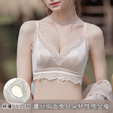 广东汕头内衣女大胸显小防下垂法式薄款免耳朵文胸套装6076聚拢