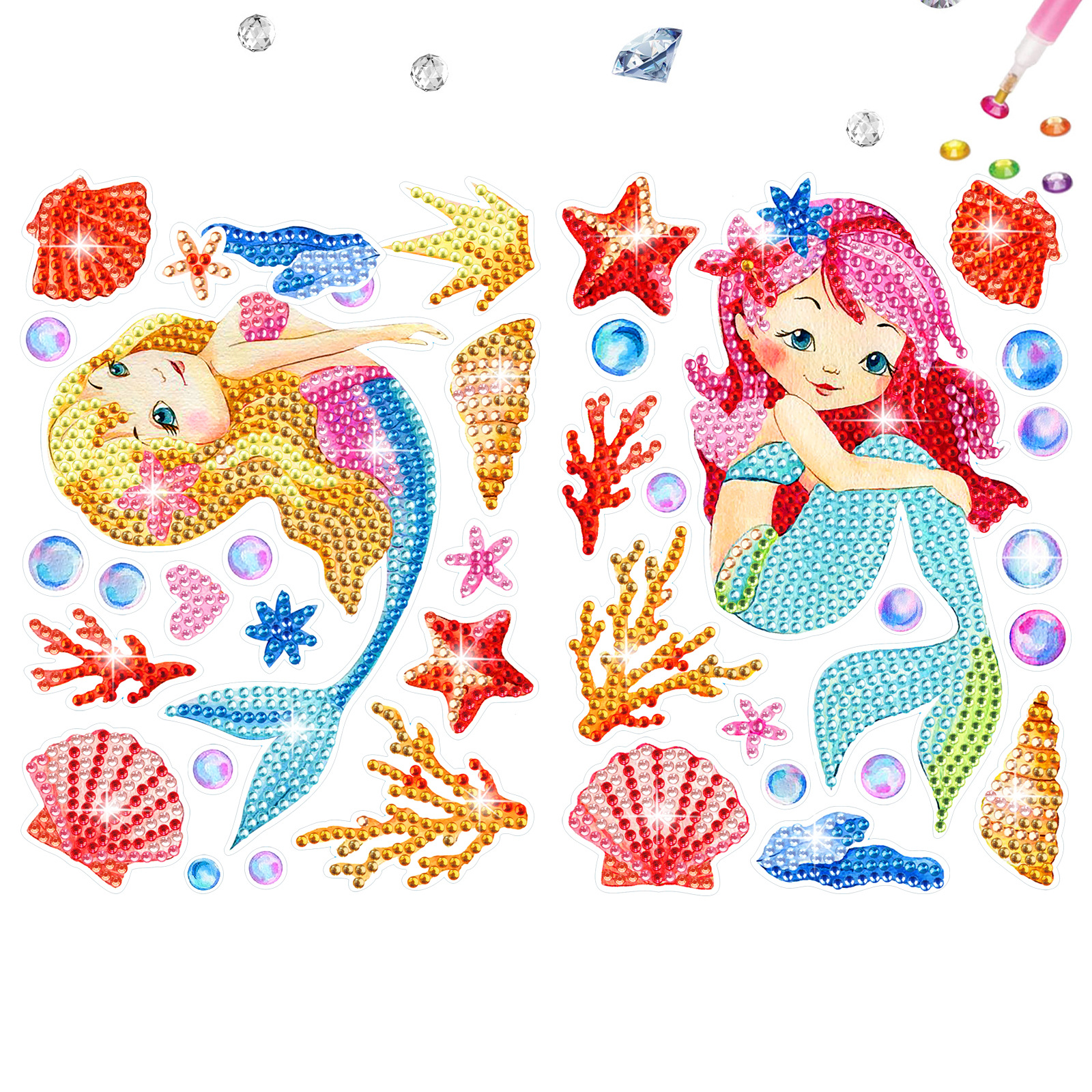 Dibujos animados sirena diamante pintura libre pegatinas DIY ladrillo pintura pared pegatinas hecho a mano ventana pegatinas cristal brillante diamante Venta caliente