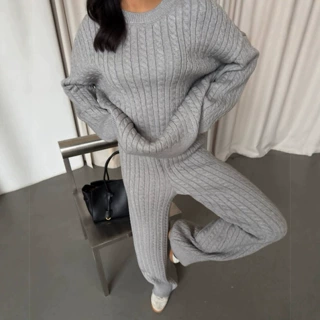 欧美风跨境时尚针织套装女新款宽松慵懒风套头毛衣＋针织阔腿裤厚