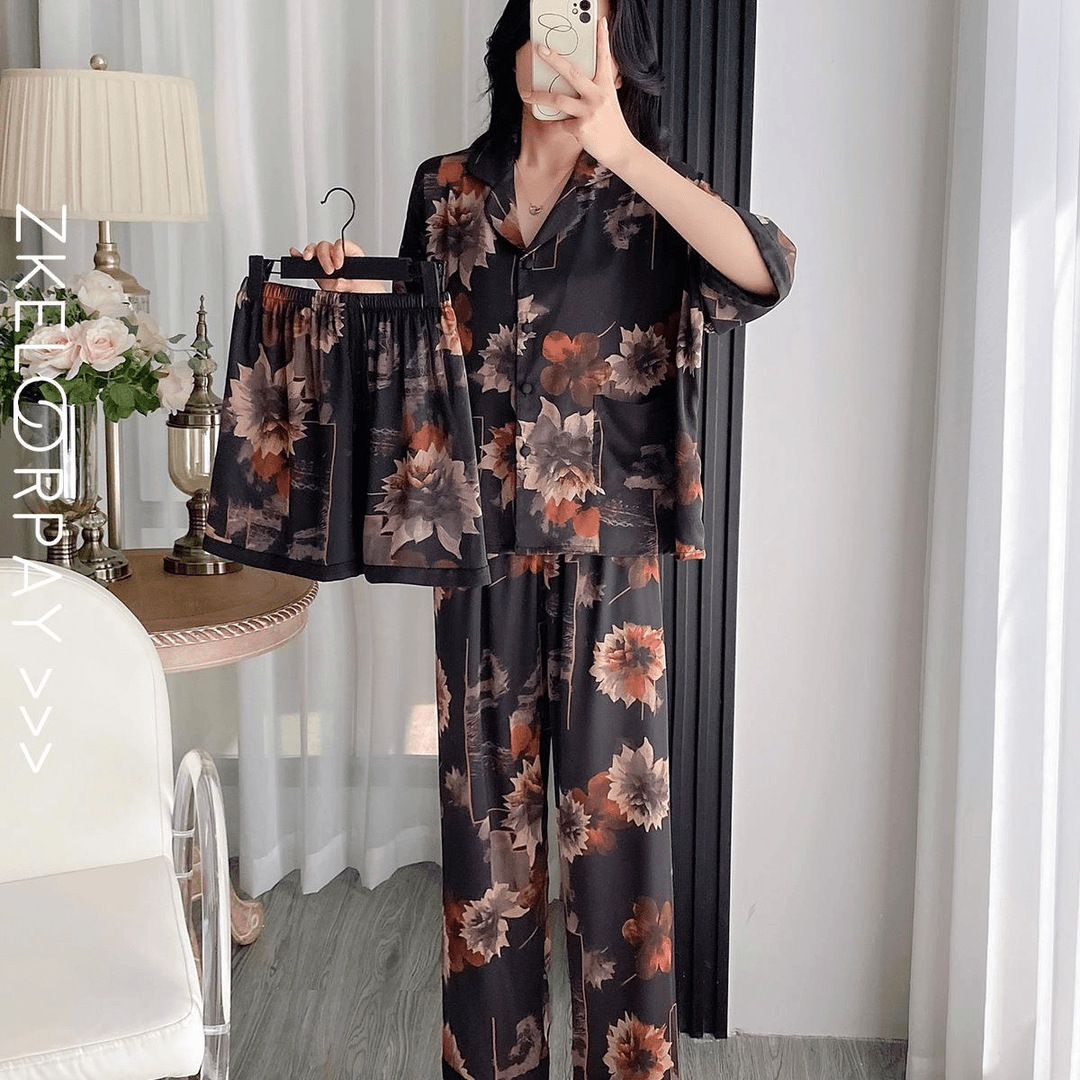Al por mayor transfronterizo de tres piezas super suave forjado verano suave hilo de hielo suave cuatro lados rebote flor impresa pijama de mangas cortas para mujeres