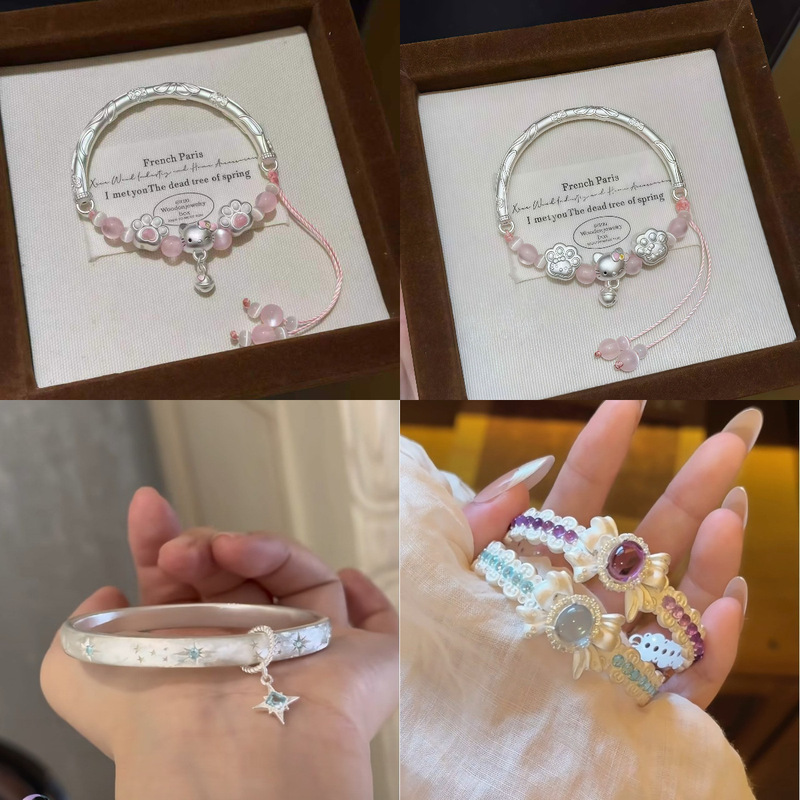 Cartoon Kt Cat Paw Half Bracelet Beaded Bracelet Niche High-End Exquisite Light Luxury Jewelry Gift for Female Friends
