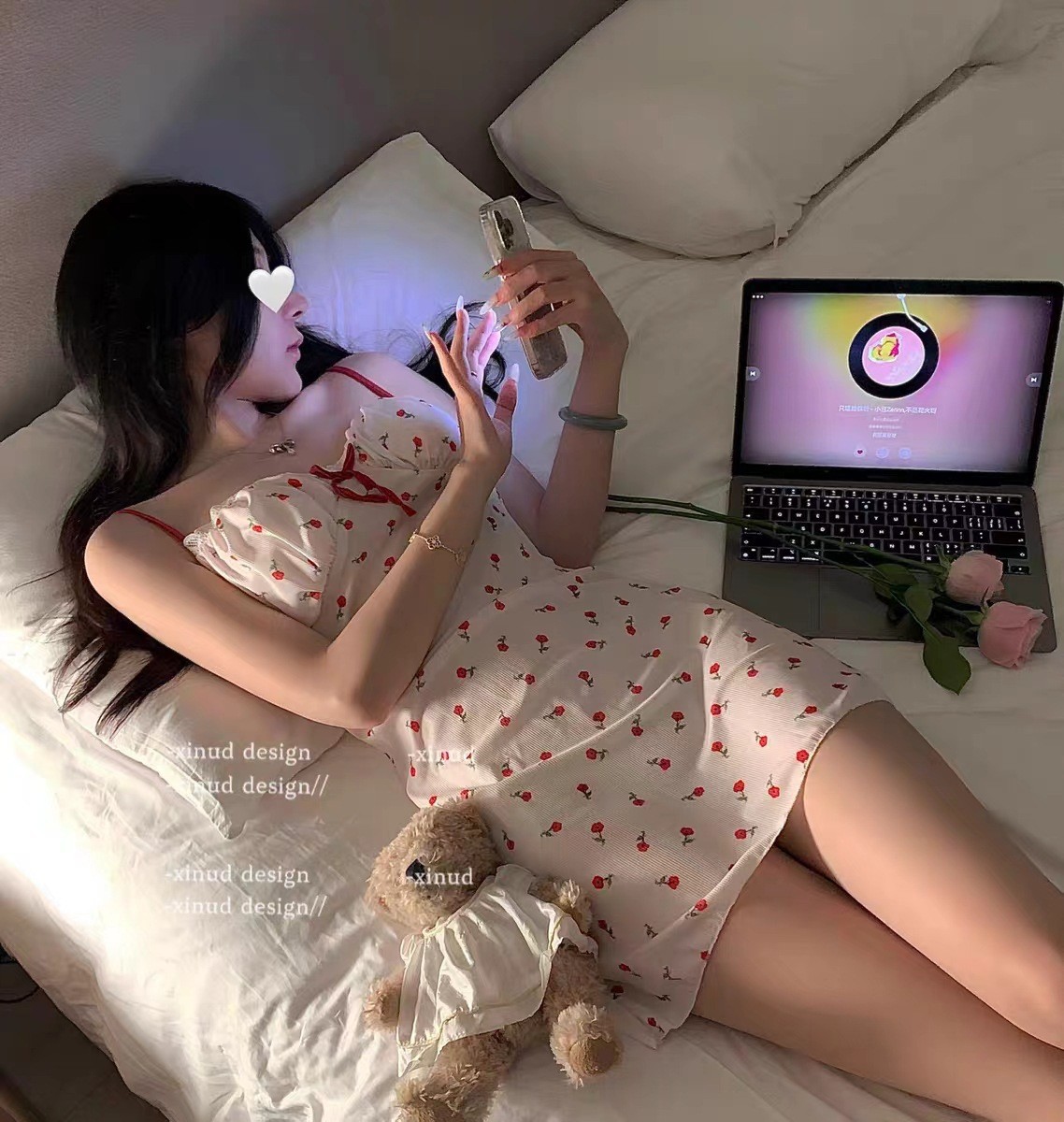 Floral Cherry Suspender Pajama Skirt Set with Chest Pad, Sheer Summer Homewear — detail image 2