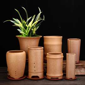 柴烧紫砂兰花盆竹子盆陶瓷素面简约桌面古典透气盆景