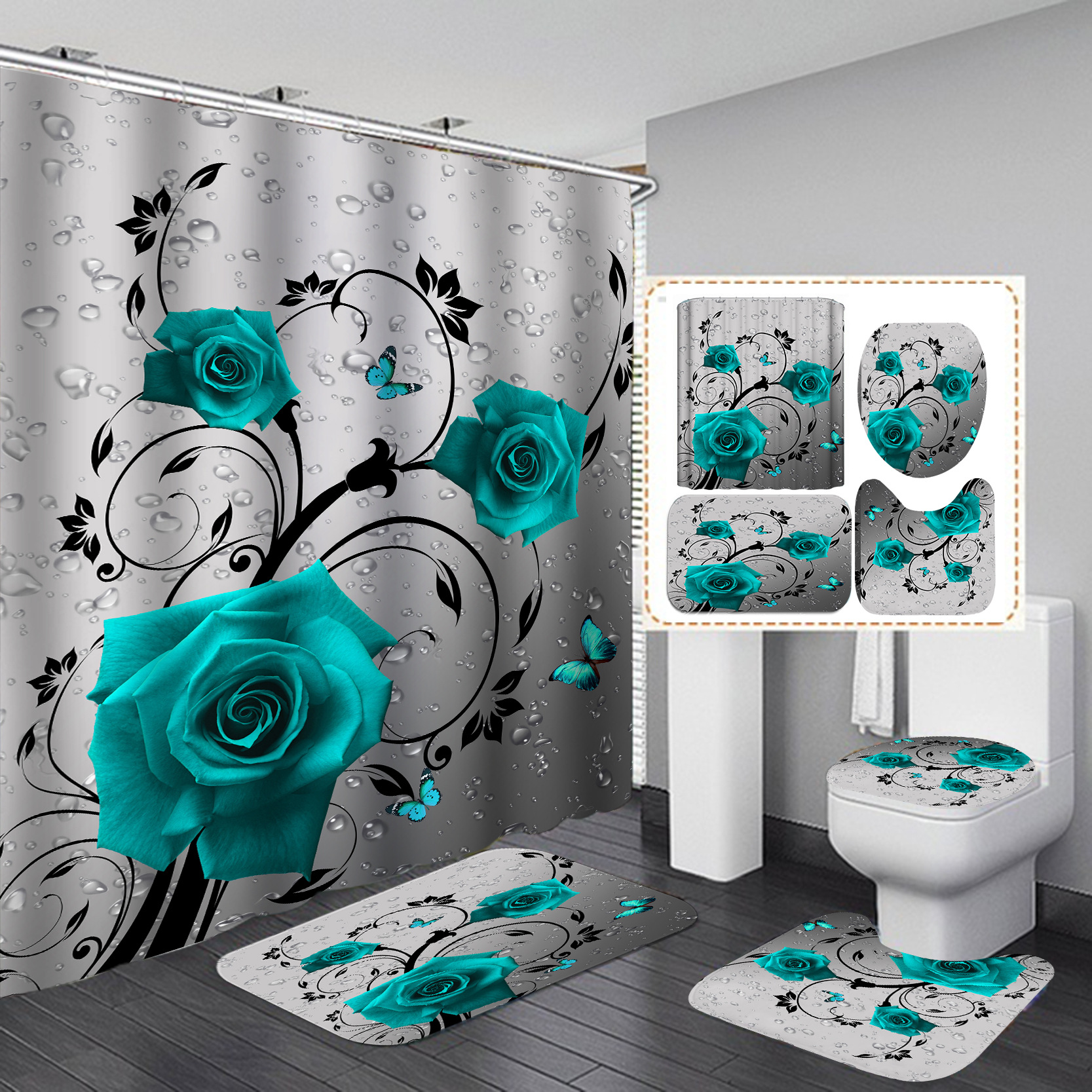 Comercio electrónico transfronterizo Impresión digital impermeable Cortina de ducha fuente fábrica al por mayor Hotel baño Punch-libre Cortina de ducha traje