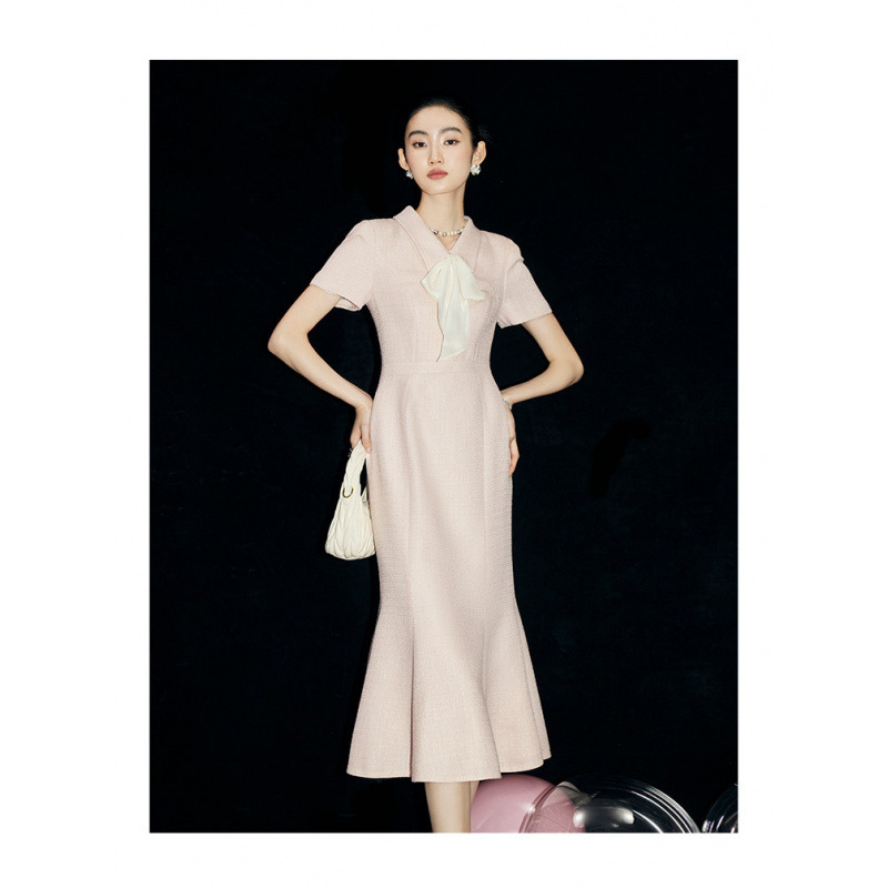 2026 Summer New Style Fishtail Dress for Women, Princess Line S-Shaped Fine Glitter Chanel-Style Dress, Short-Sleeve Ol Mid-Length