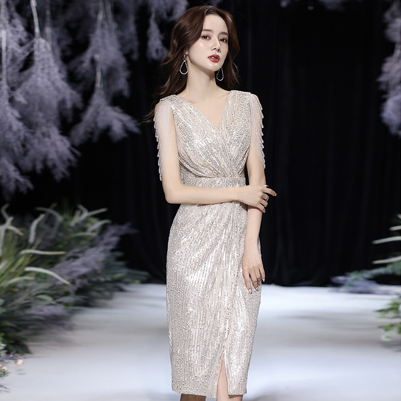 Pequeño vestido de noche para las mujeres 2024 otoño nuevo champán Socialite temperamento banquete vestido de anfitrión se puede usar en tiempos ordinarios