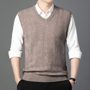 All wool vest vest men's V-neck pullover sleeveless sweater young and middle-aged solid color knitted waistcoat tide a generation of hair