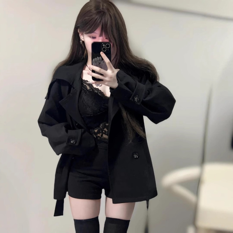 早秋英伦风短款风衣黑色双排扣女小个子秋冬新款感收腰小香风|undefined