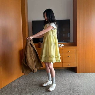 时简 方领连衣裙女2026秋新款双层木耳边宽松A字短款背心裙11282