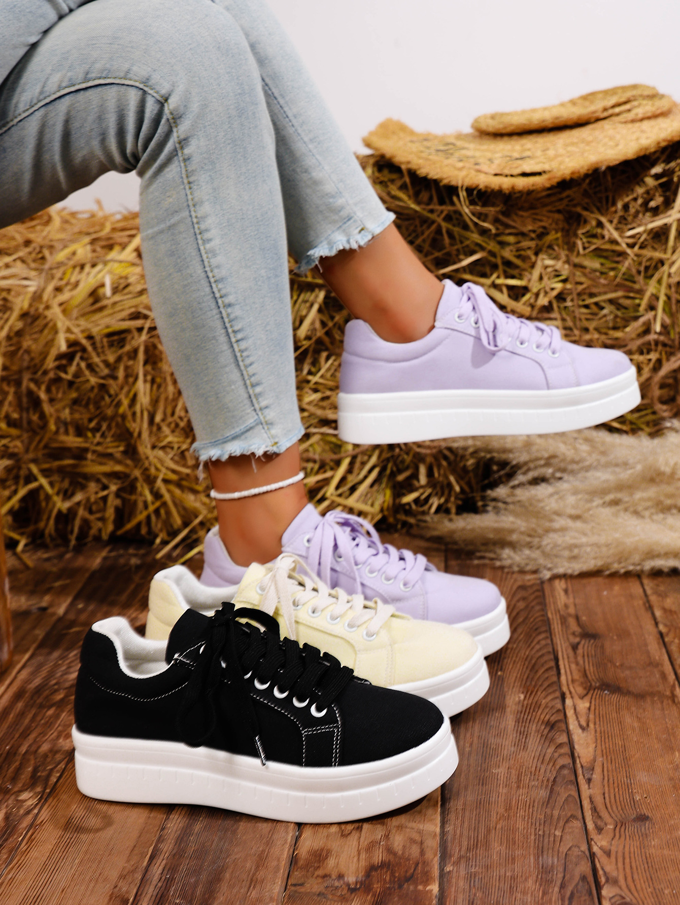 Women's Lace-up Casual Trainers For Women Round Toe Thick Sole_voghion.com