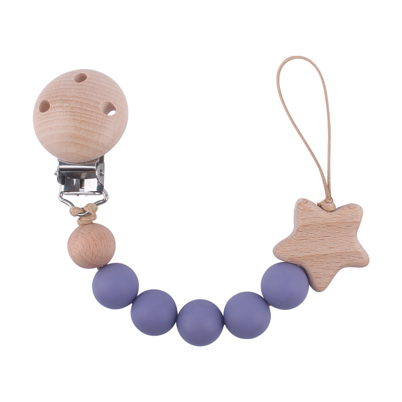 Nuevo bebé haya chupete clip calmante bebé cuentas de silicona estrella de haya de dibujos animados cadena de chupete cadena anti-gota