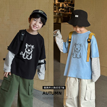 童酷2025男童秋款时尚小狗印花宝宝上衣洋气条纹假两件儿童T恤潮