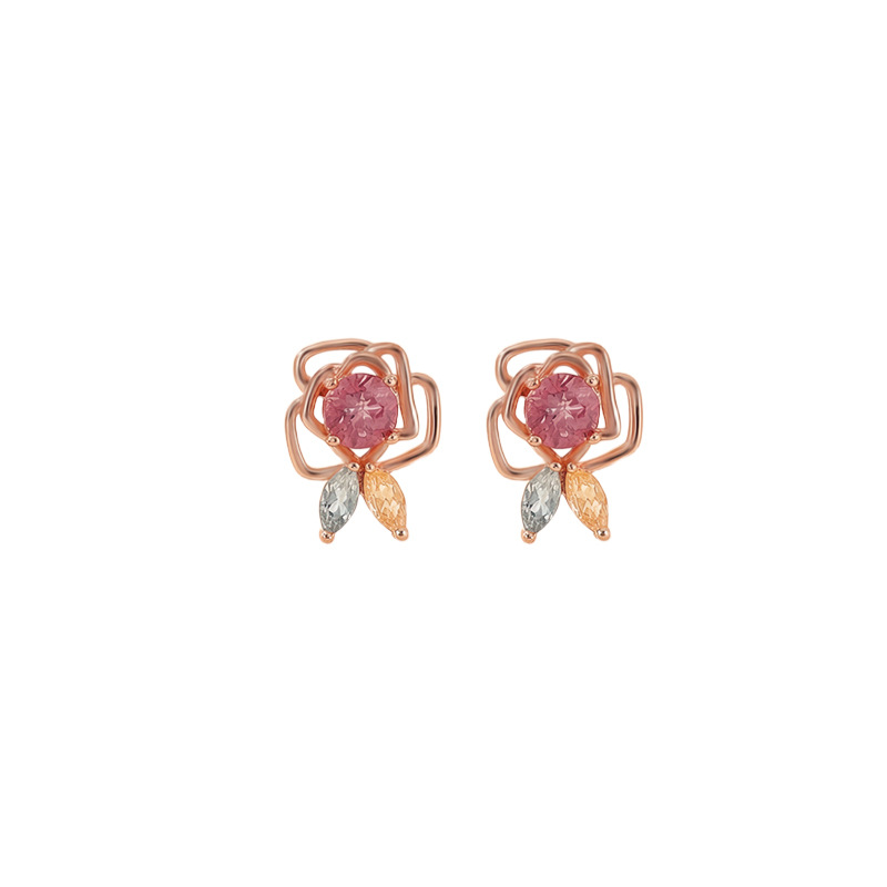 Bông tai bạc S925 mạ vàng hồng đính đá tourmaline hình hoa hồng nhỏ xinh — Một đôi