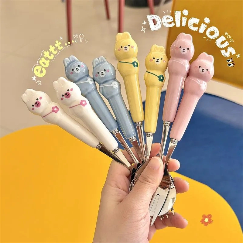 Cute and Stylish Instagram-Style Cartoon Bunny Crossbody Bag with Portable Children's Anti-Scald Ceramic Handle Spoon, Fork, and Chopstick Set
