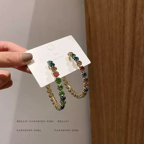 s925 silver needle Diamond-embedded geometric circle earrings female European and American exaggerated temperament earrings simple colorful personalized earrings
