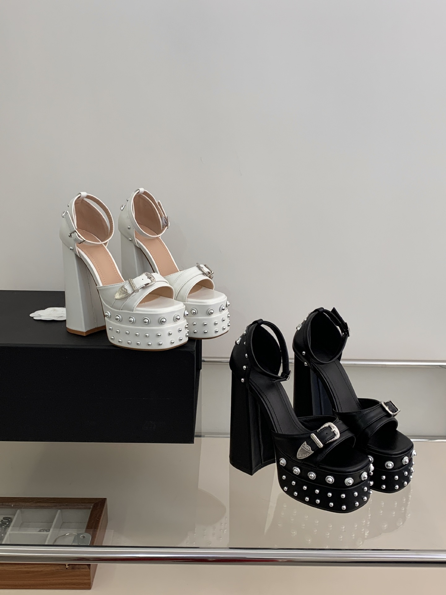 Sandal cao gót nữ hở mũi đính đá, quai một chữ, gót 14,5 cm, đế platform — màu đen chi tiết 29