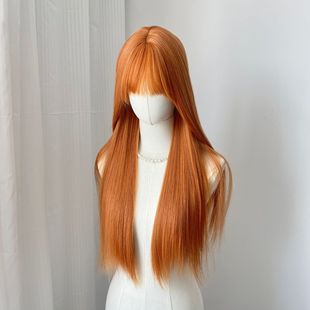 [Orange Soda] Wig Women's Long Straight Hair with Straight Bangs Orange White Natural Fashion Whole Wig Full Head Cover