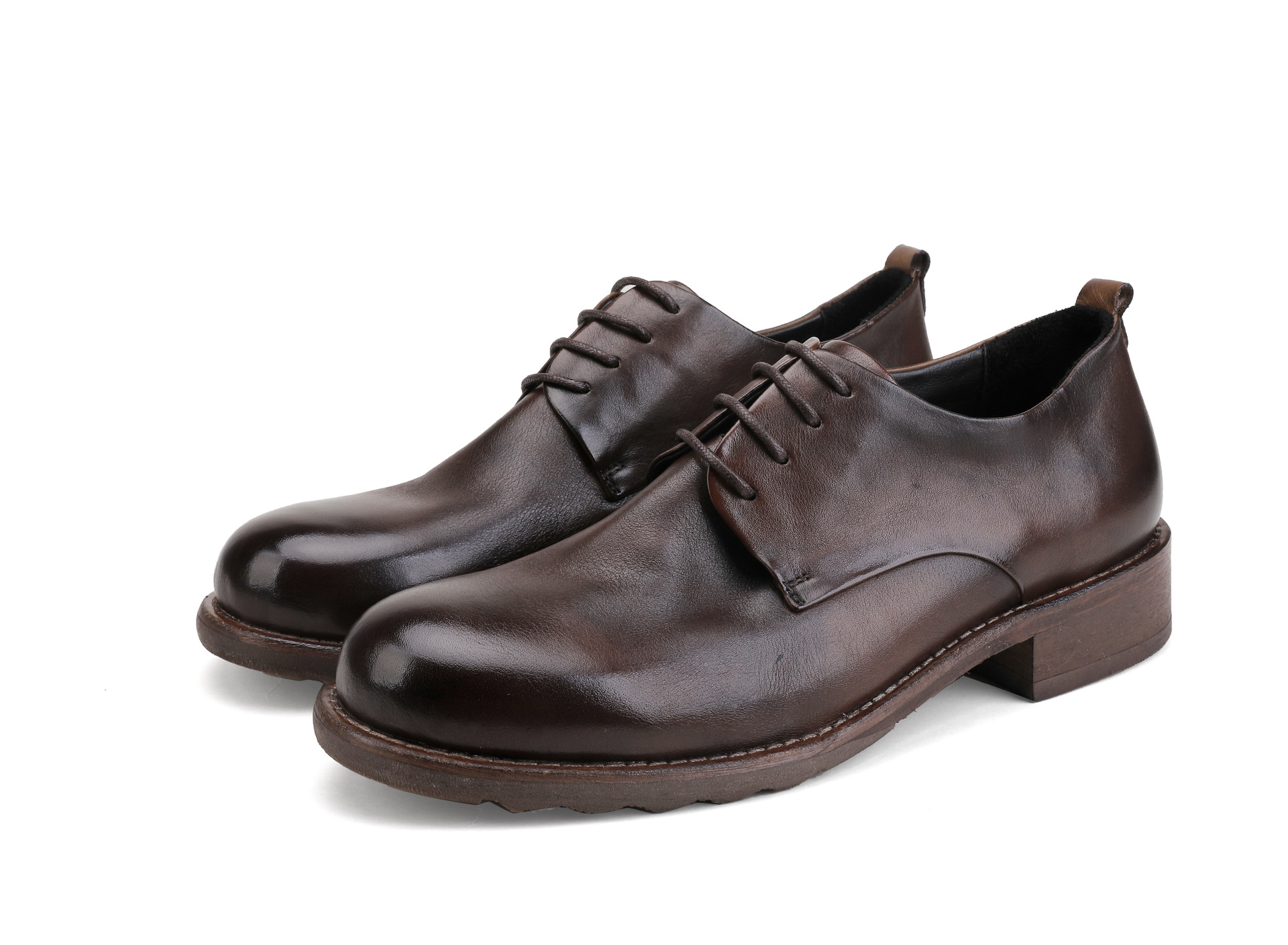 Chaussures en cuir à lacets pour hommes, semelle extérieure en cuir, tête ronde, décontractées, couche de tête, cuir de vache, couleur unie_voghion.com