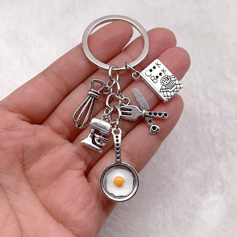 New Cooking Key Chain Home Cooking Key Ring Omelette Pan Whisk Cooking Book Tableware Keychain
