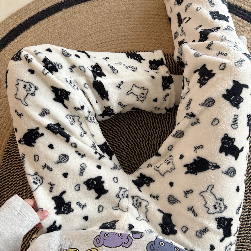 Pantalones de pijama de franela de dibujos animados de otoño y invierno para mujeres con pantalones de lana de coral caliente para estudiantes de lana de invierno para el hogar
