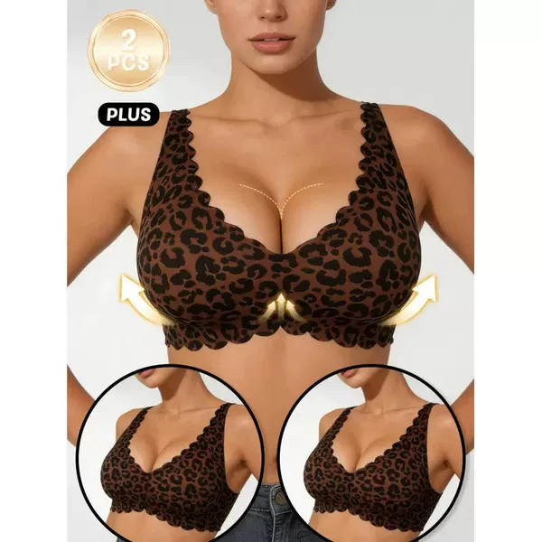 European and American Foreign Trade Cross-Border Amazon Lace Wave Seamless Three-Dimensional Women's Bra with Beautiful Back Design, Comfortable and Breathable Leopard Print