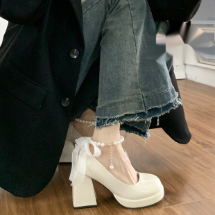 French Pearl Fairy Style Bow Thick-Soled Waterproof Platform Mary Jane High Heels Women's Thick-Heeled Single Shoes Bridesmaid Shoes