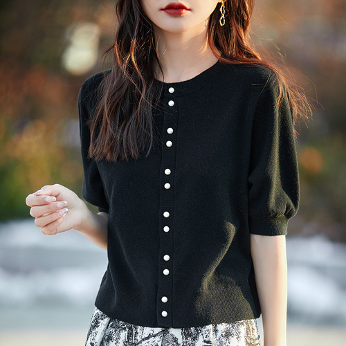 Vintage Round Neck Pearl Button Short Sleeve Knit Top for Women, Summer Thin Design Sensory Fitted Short Sleeve Slimming Open Shirt